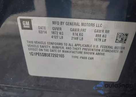 2014 Chevrolet Cruze 2Lt Auto from USA, damaged, VIN 1G1PE5SB5E7292165